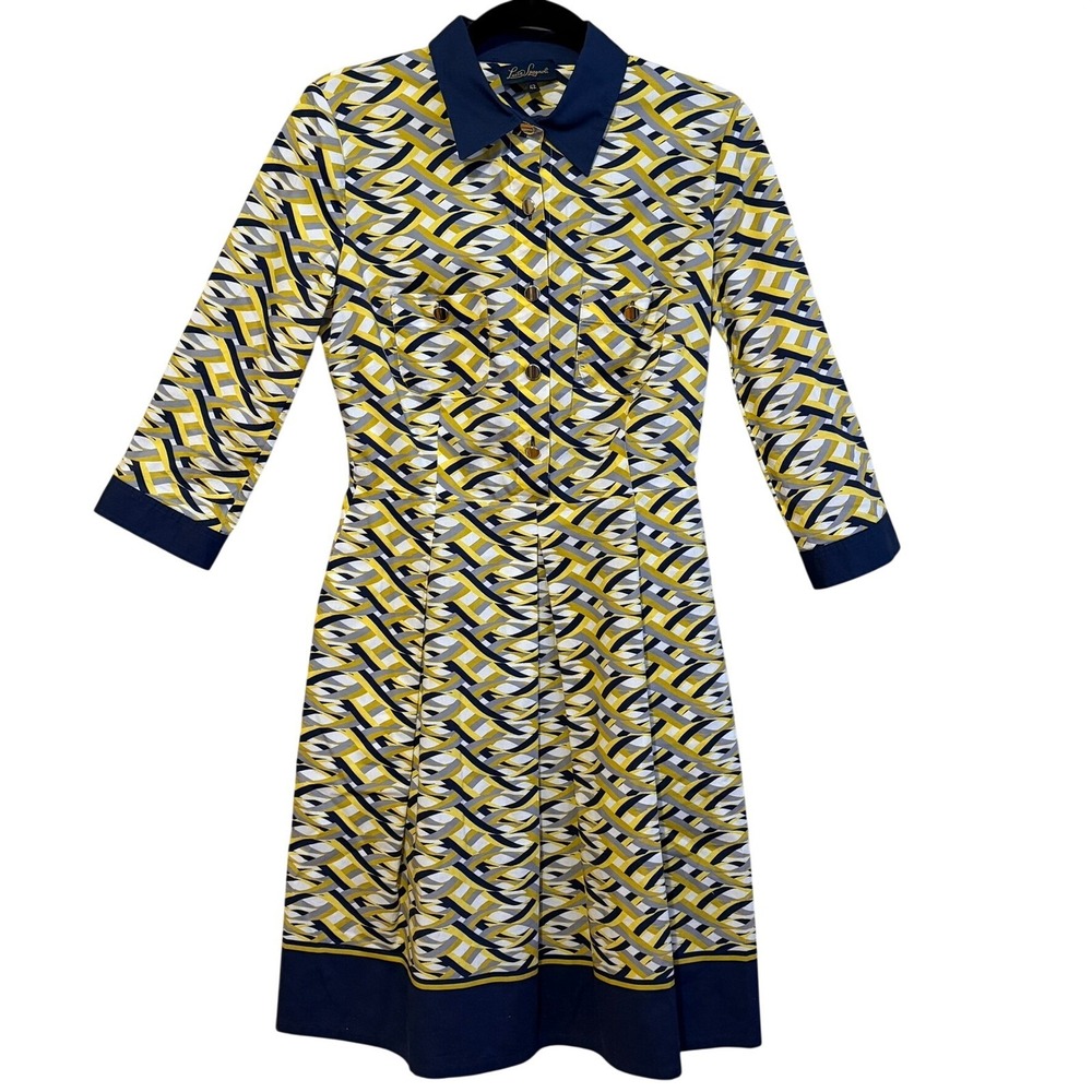 Luisa Spagnoli Blue Yellow Shirt Dress IT 42 US 8 Small Wedding Garden Tea 3/4